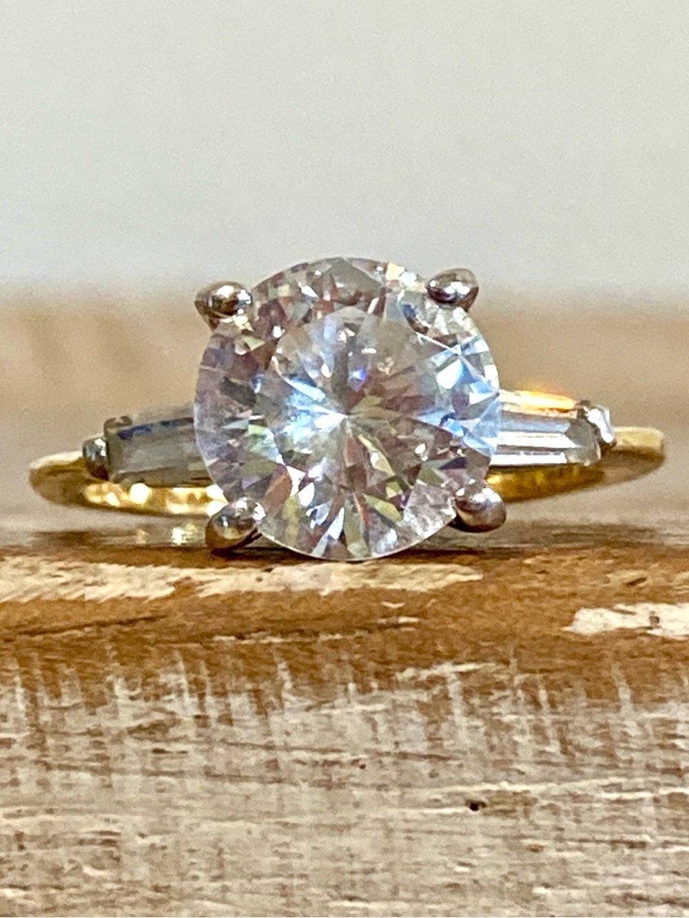 18kt Gold Electroplated Solitaire Ring w/ Baguette Accents Size 6.25 Glam
